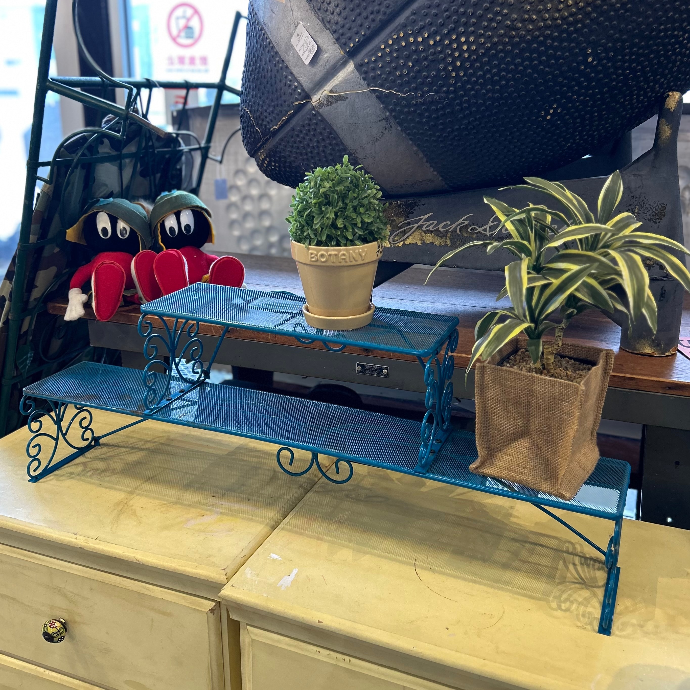 Vintage Turquoise Iron Plant Stand Shelf