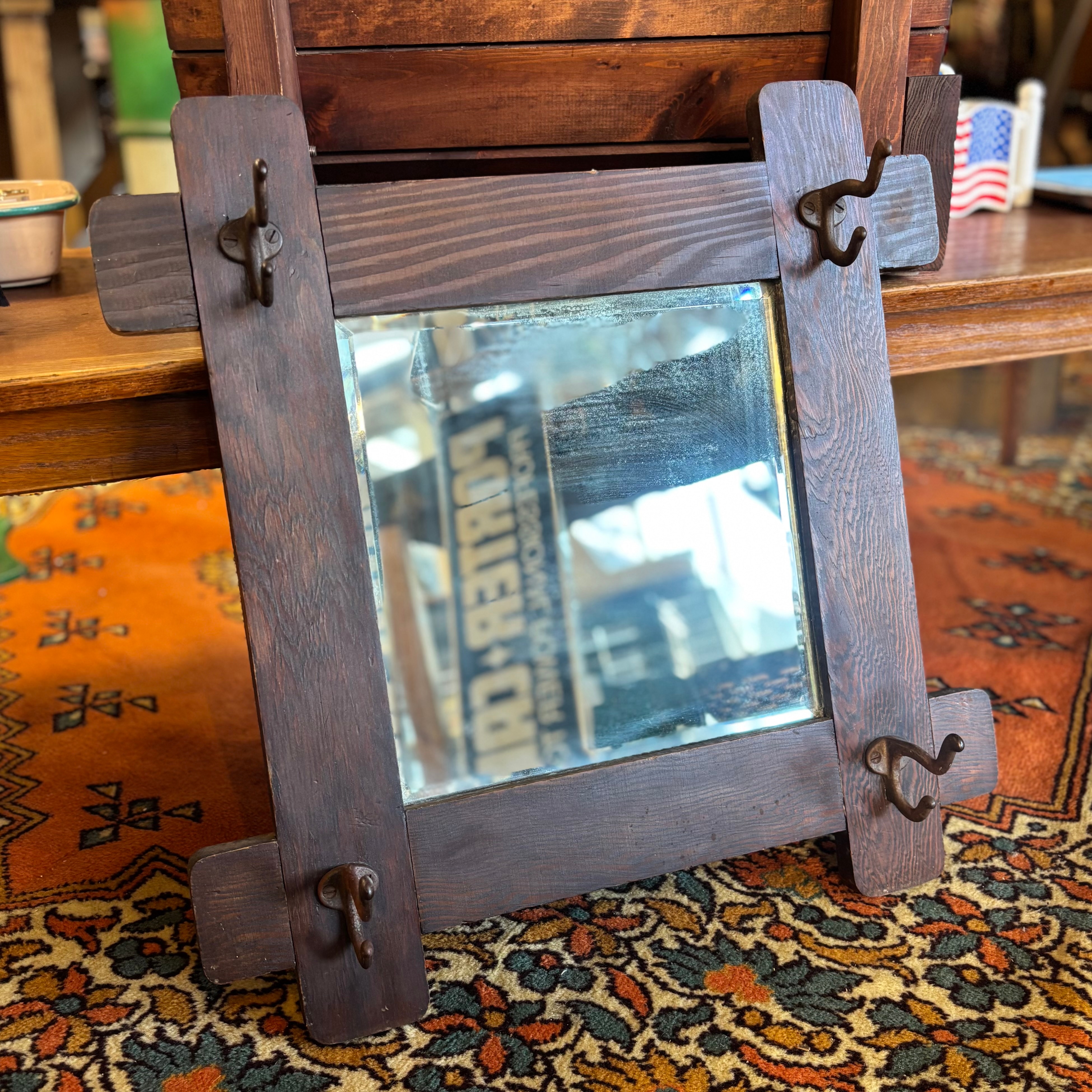 Antique Oak Wall Mirror with Hooks