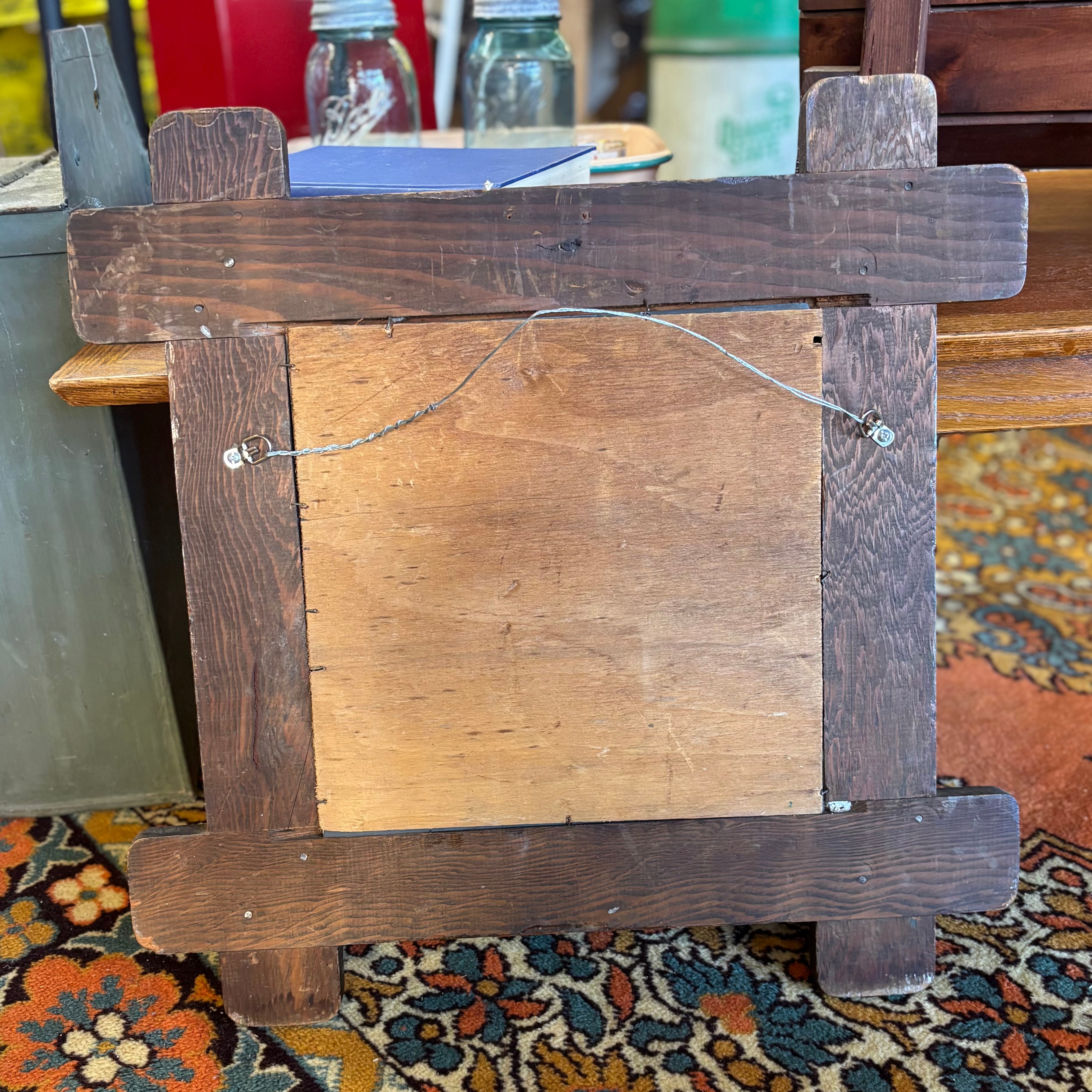 Antique Oak Wall Mirror with Hooks