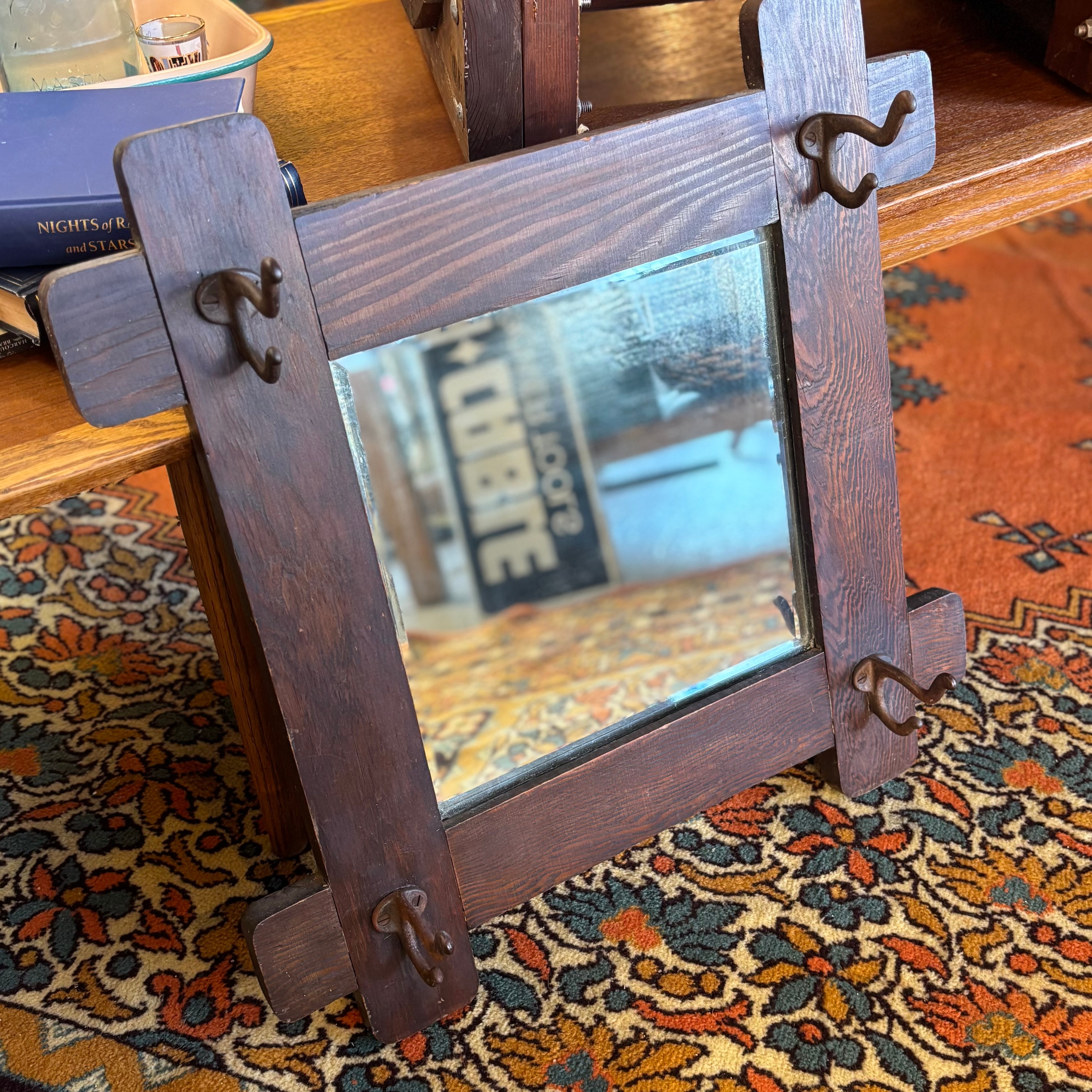 Antique Oak Wall Mirror with Hooks