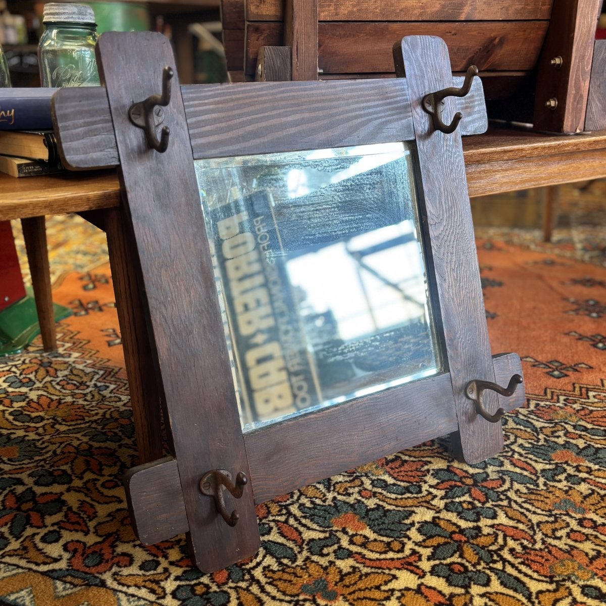 Antique Oak Wall Mirror with Hooks