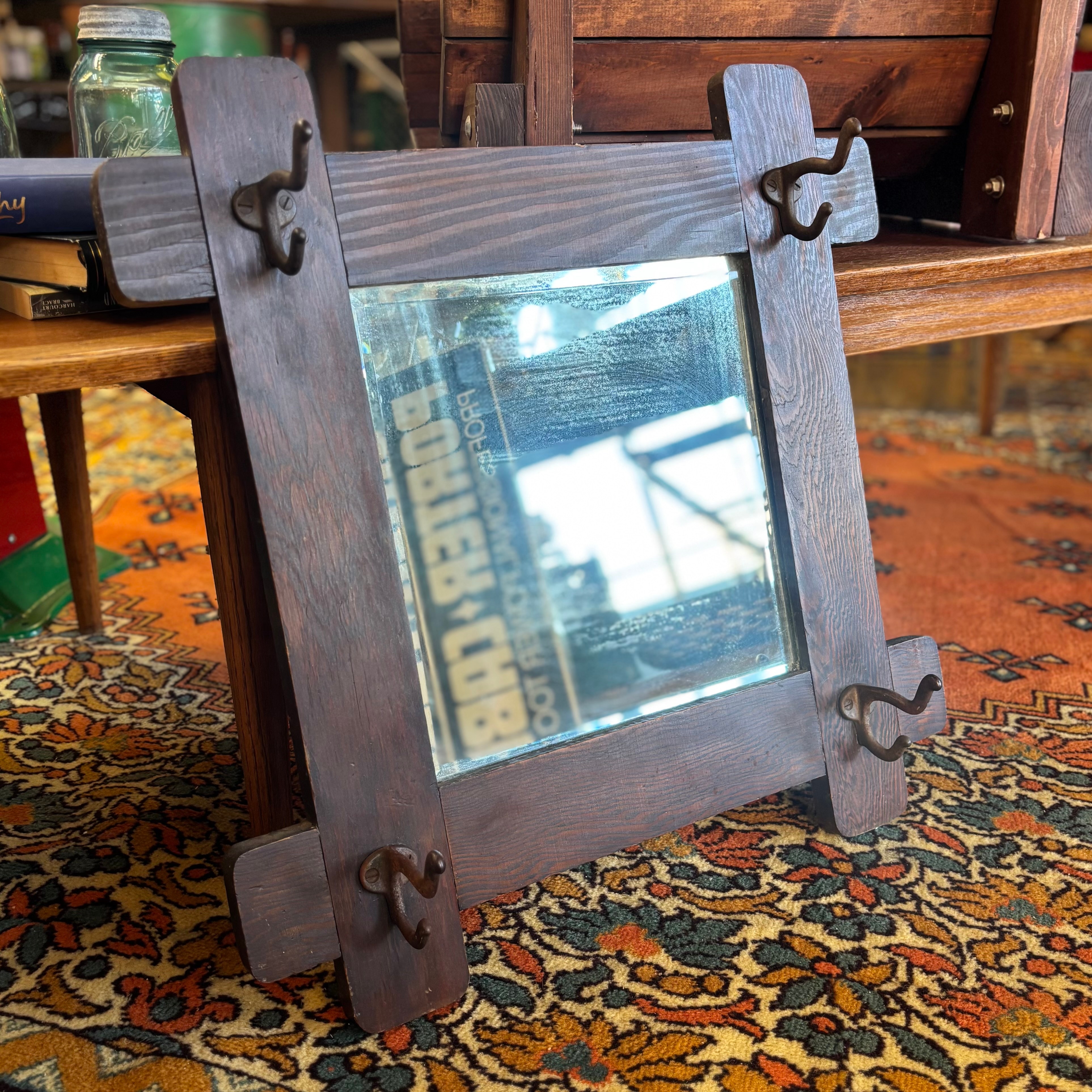 Antique Oak Wall Mirror with Hooks