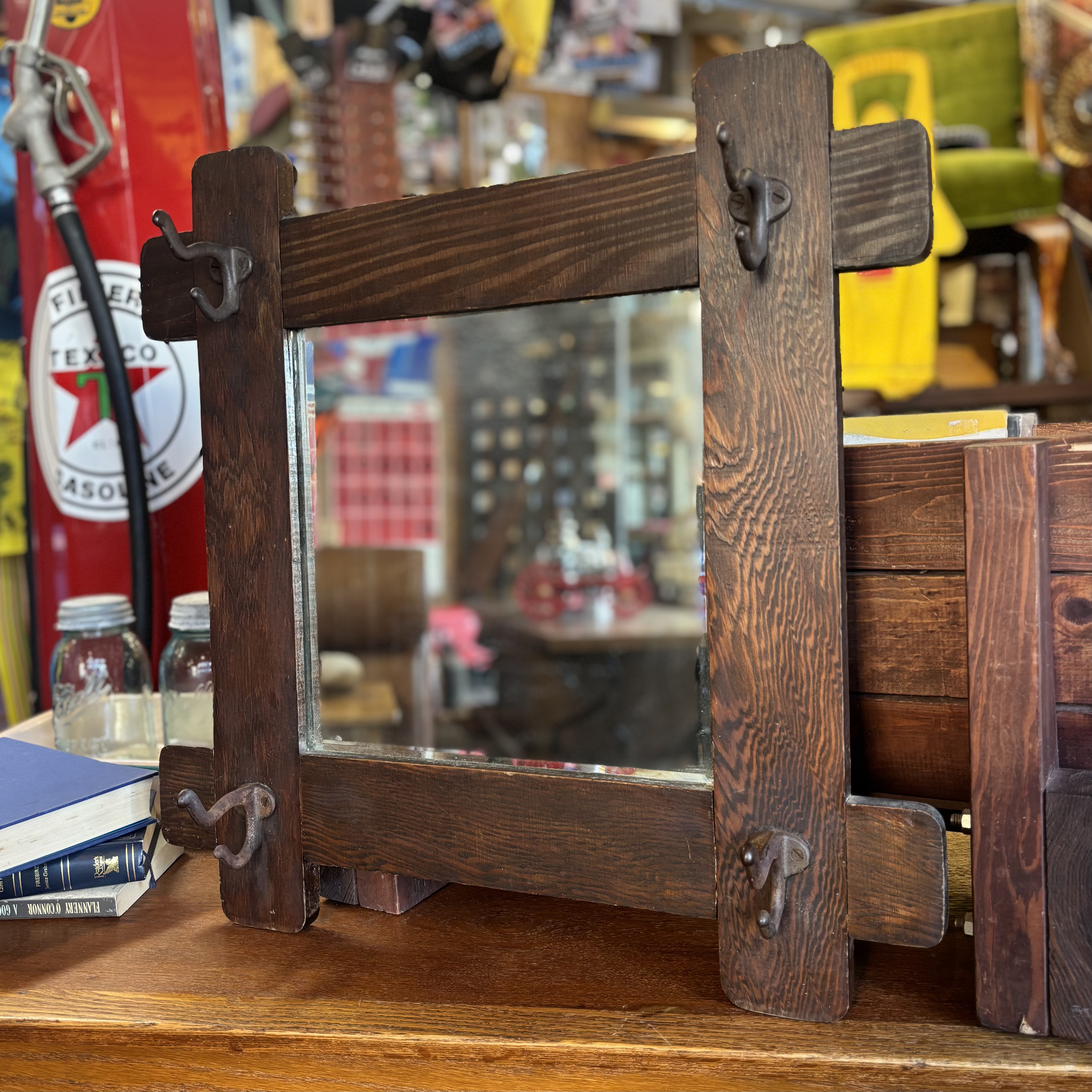 Antique Oak Wall Mirror with Hooks