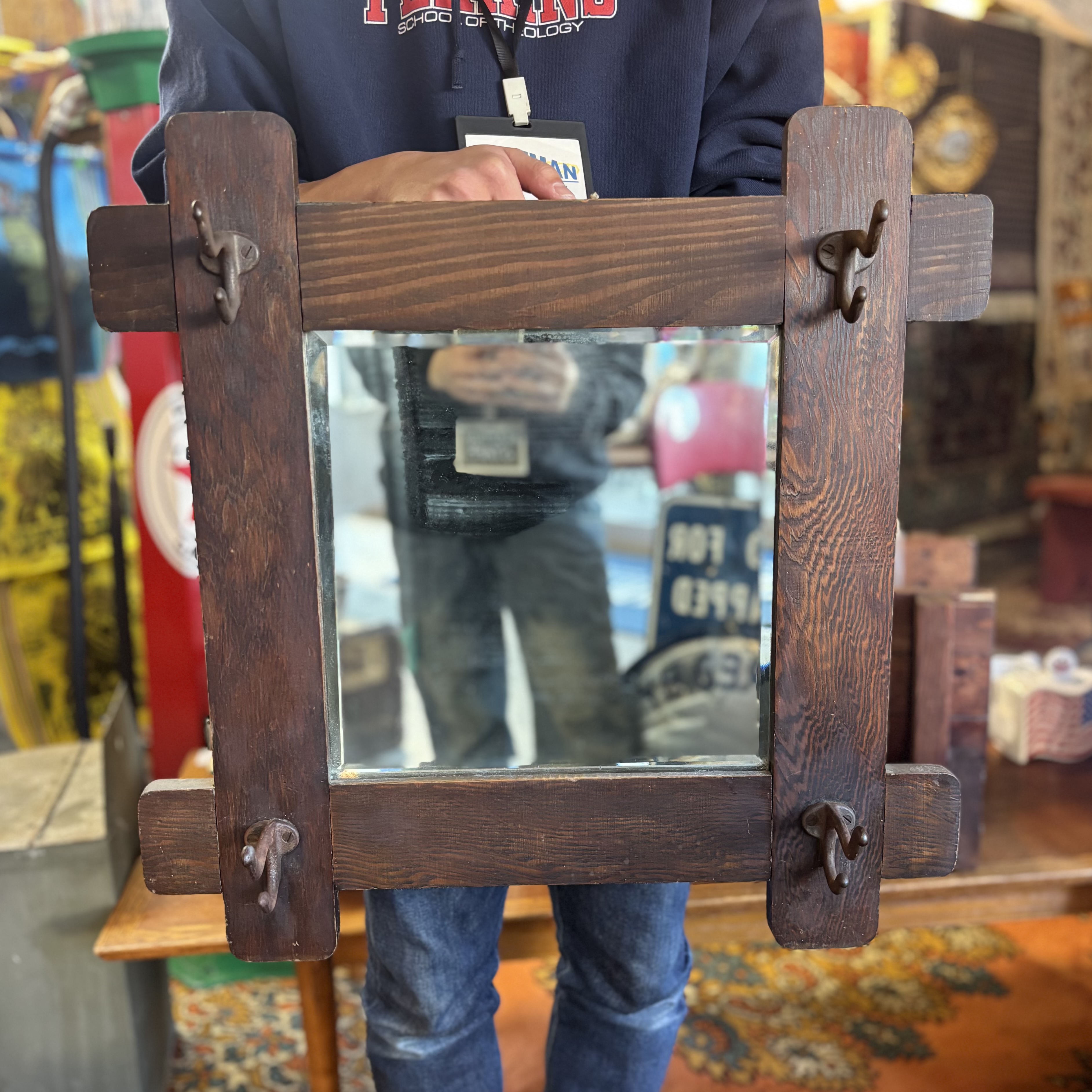 Antique Oak Wall Mirror with Hooks