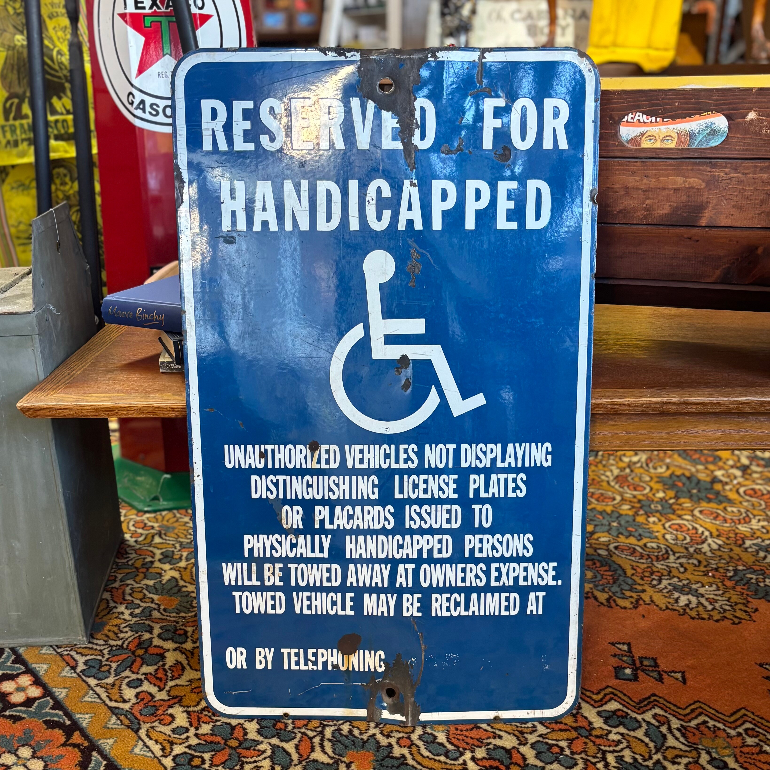Vintage Porcelain “Reserved for Handicapped” Parking Sign