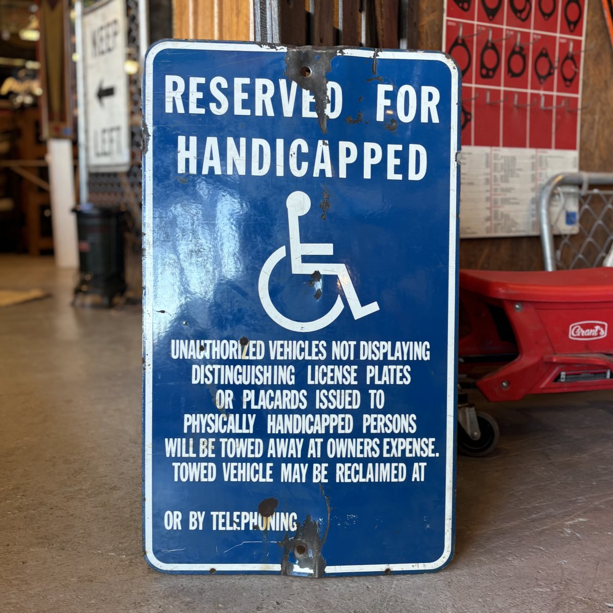 Vintage Porcelain “Reserved for Handicapped” Parking Sign