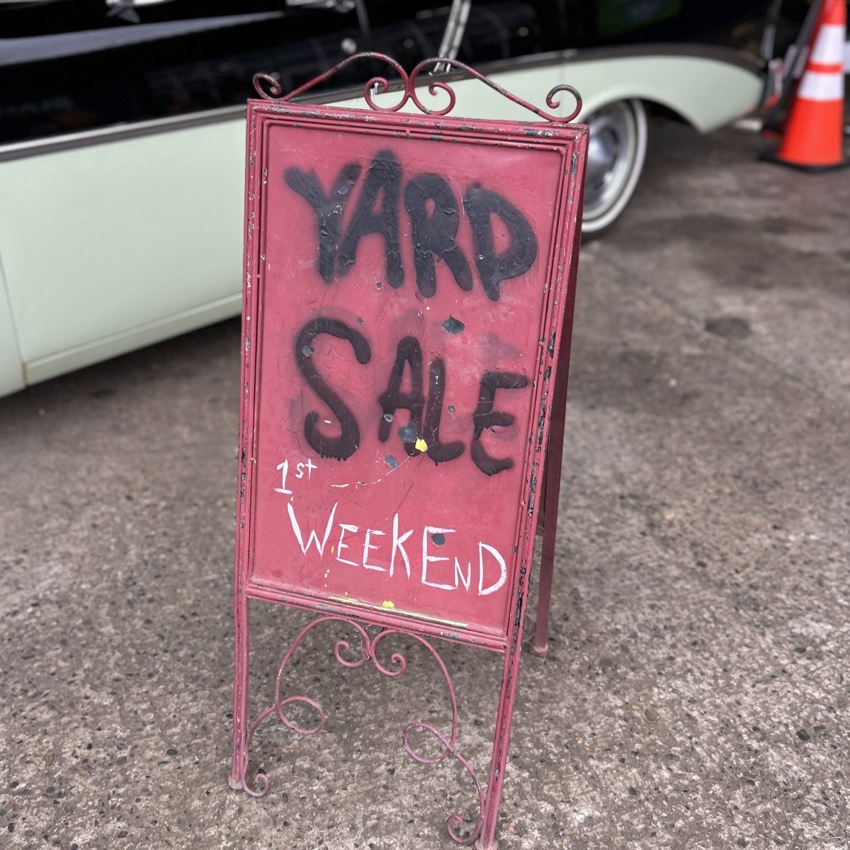 YARD SALE” Vintage Iron Sign Stand 1st Weekend – Retro Garage