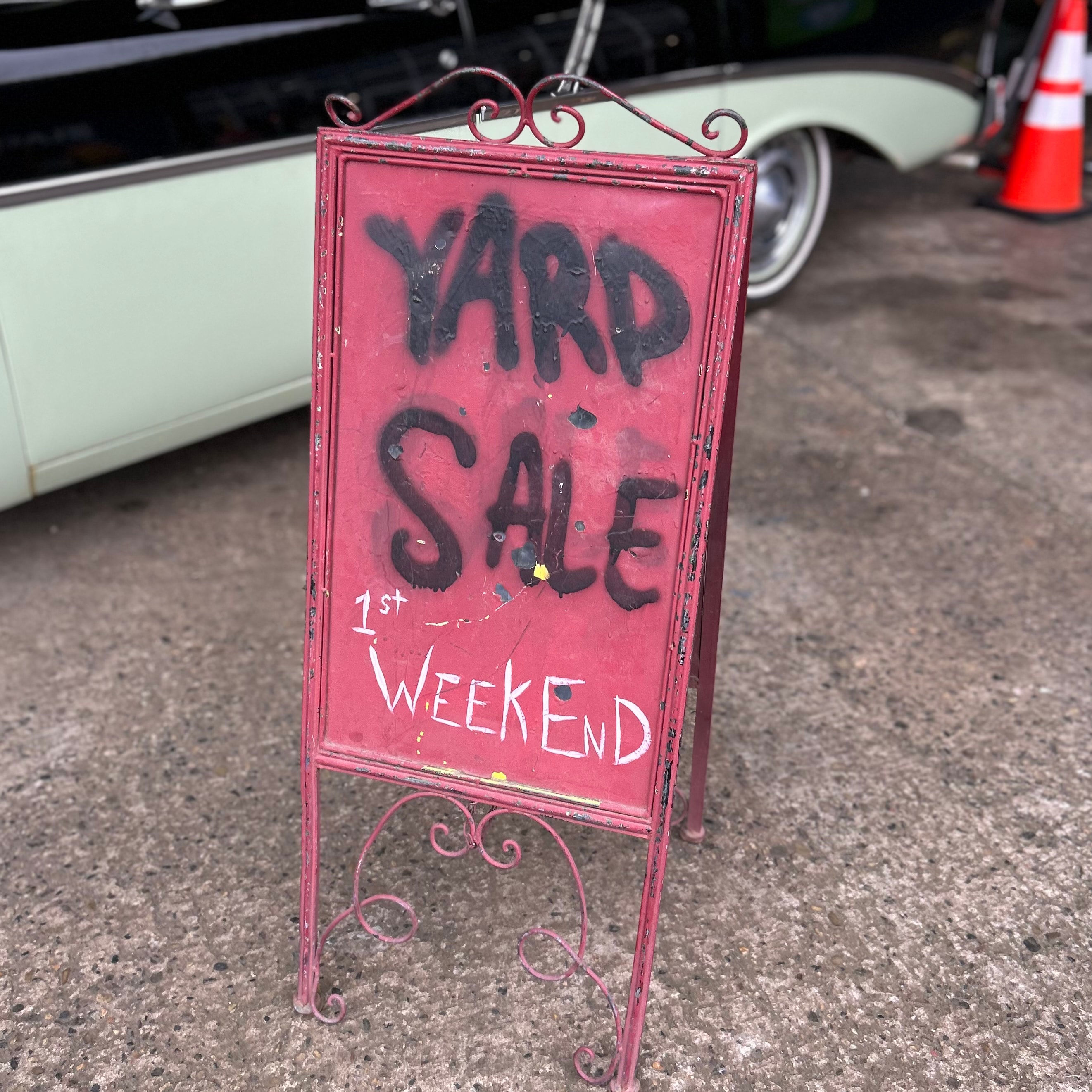 YARD SALE” Vintage Iron Sign Stand 1st Weekend – Retro Garage