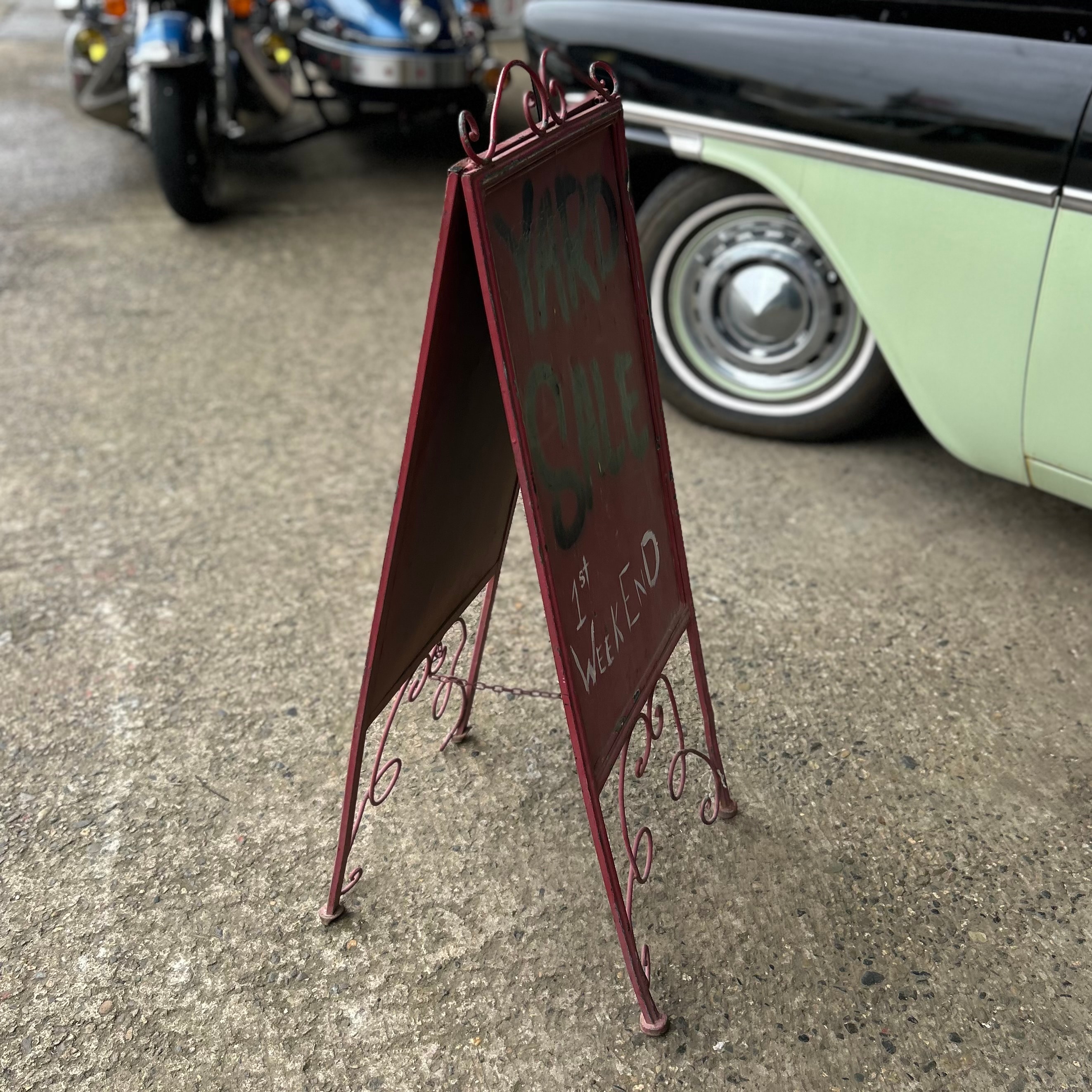 YARD SALE” Vintage Iron Sign Stand 1st Weekend – Retro Garage