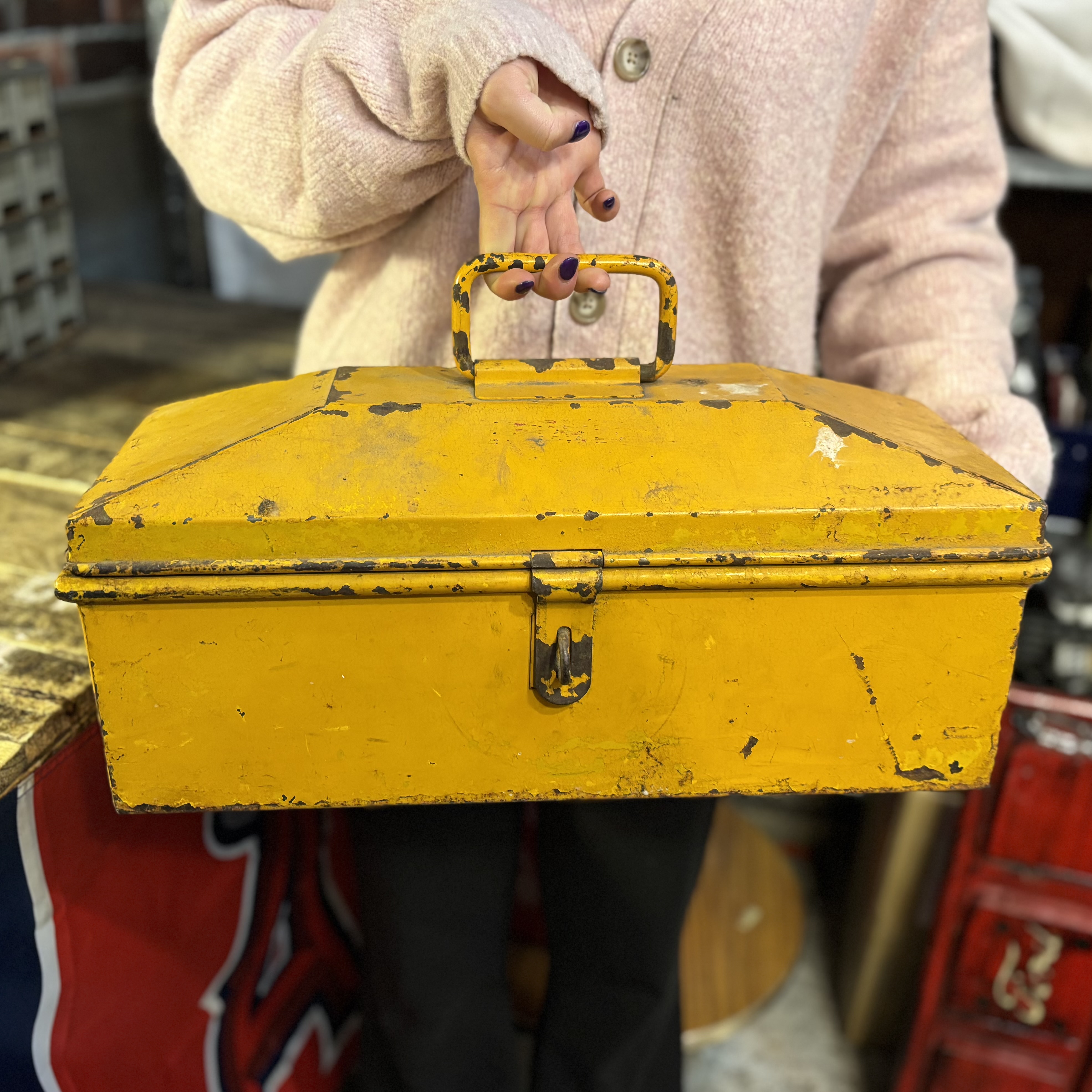 Vintage Industrial Yellow Metal Toolbox Steel Tool Box Storage Case