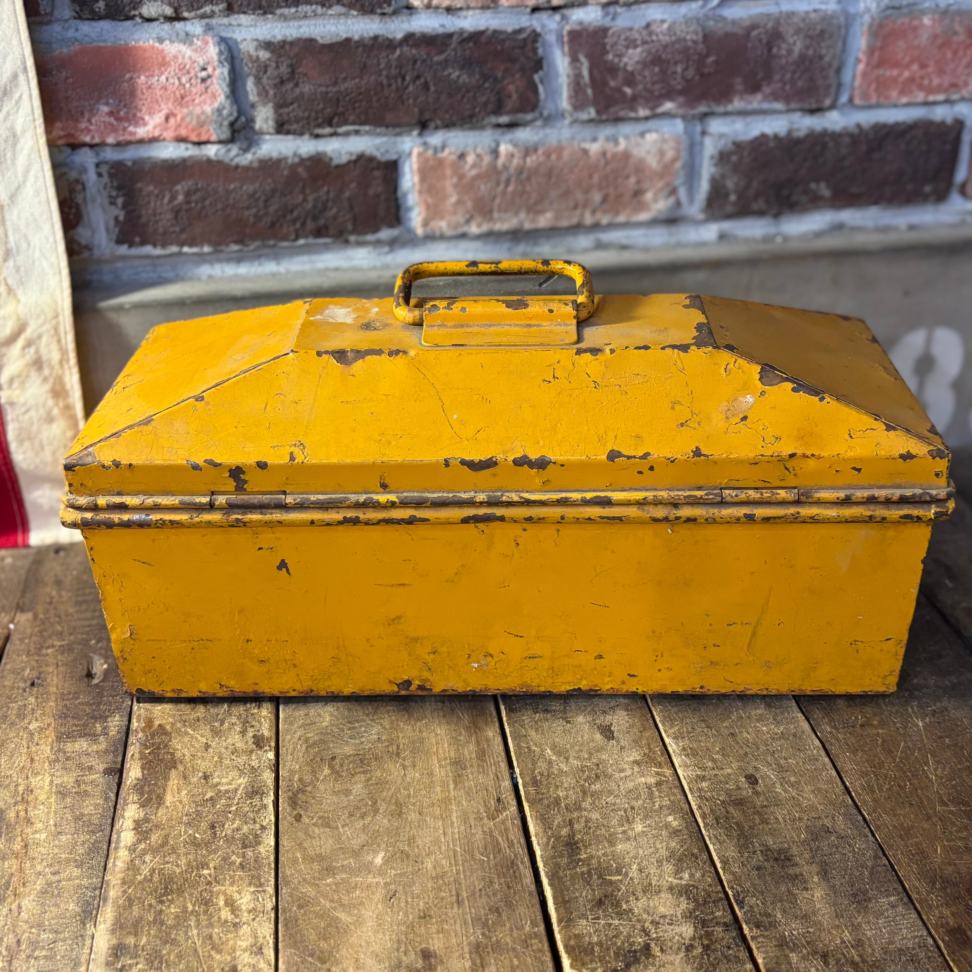 Vintage Industrial Yellow Metal Toolbox Steel Tool Box Storage Case