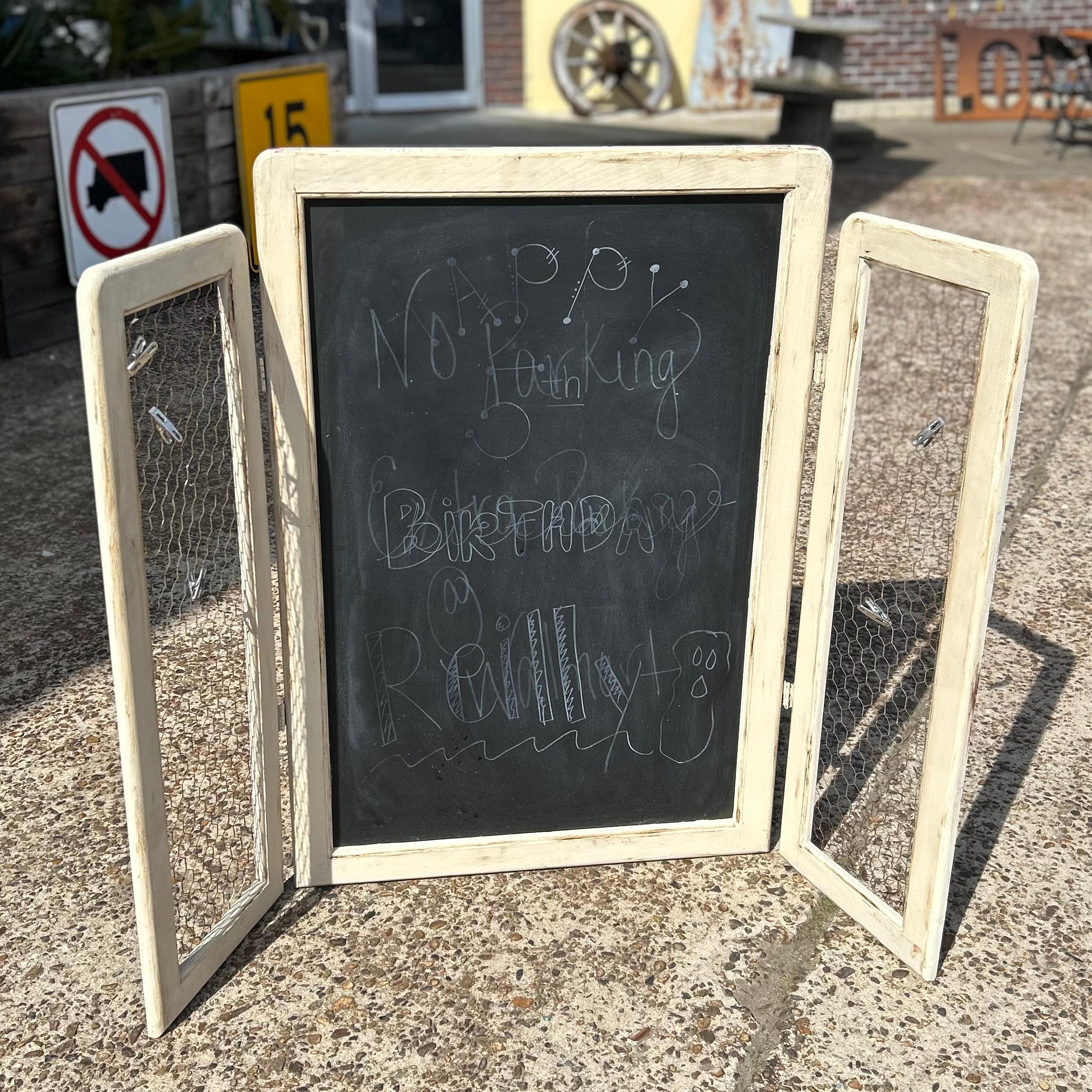 Vintage Wooden Chalkboard Display with Wire Doors**