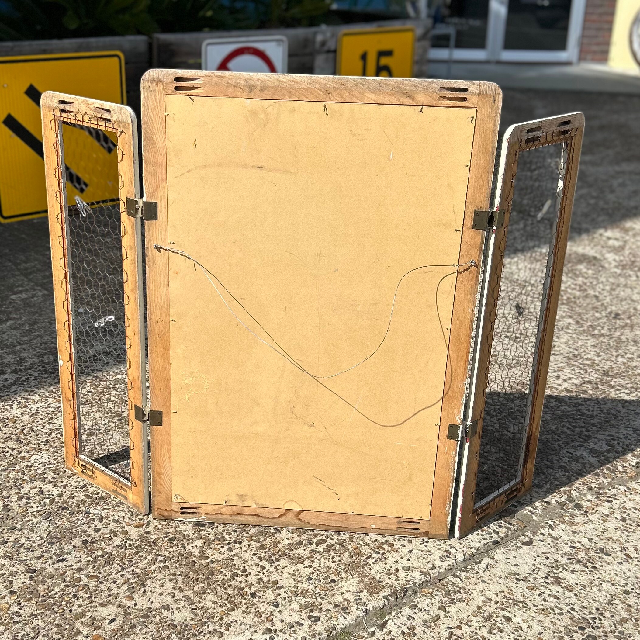 Vintage Wooden Chalkboard Display with Wire Doors**