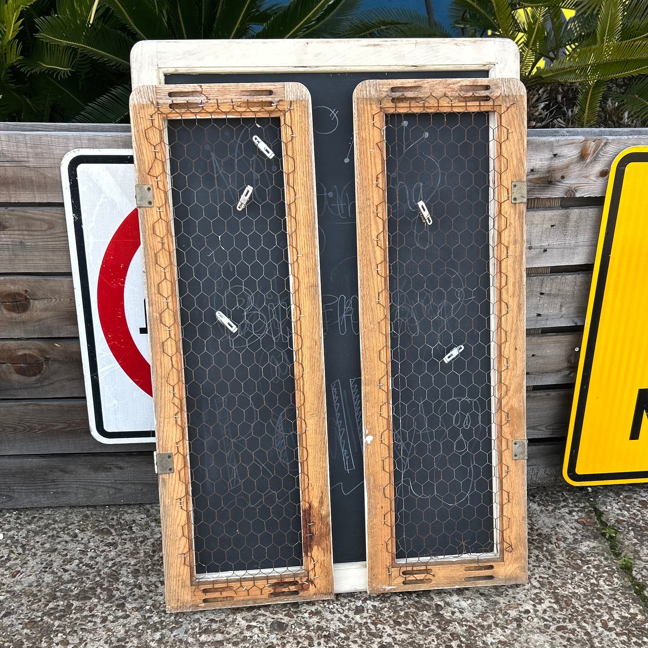 Vintage Wooden Chalkboard Display with Wire Doors**