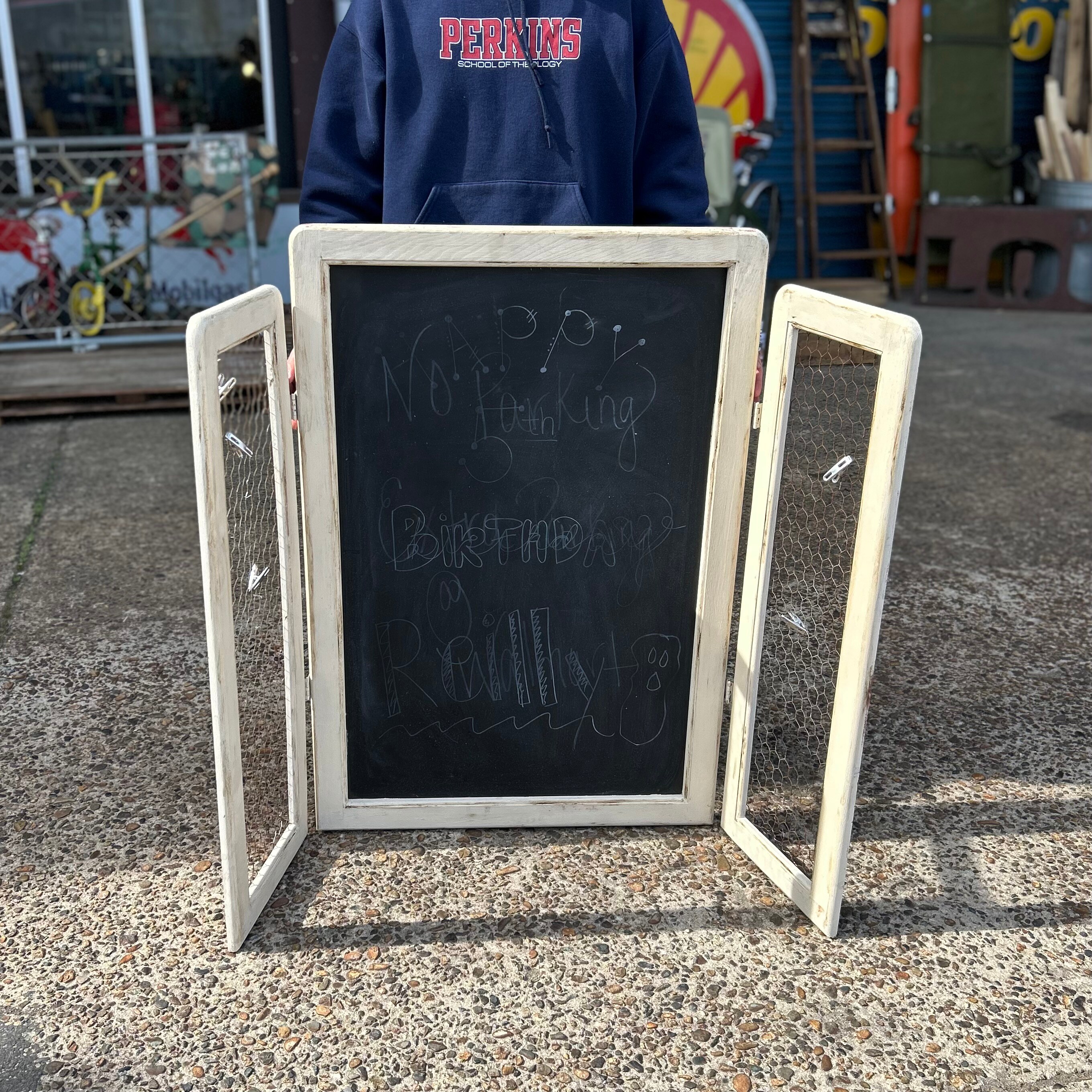 Vintage Wooden Chalkboard Display with Wire Doors**