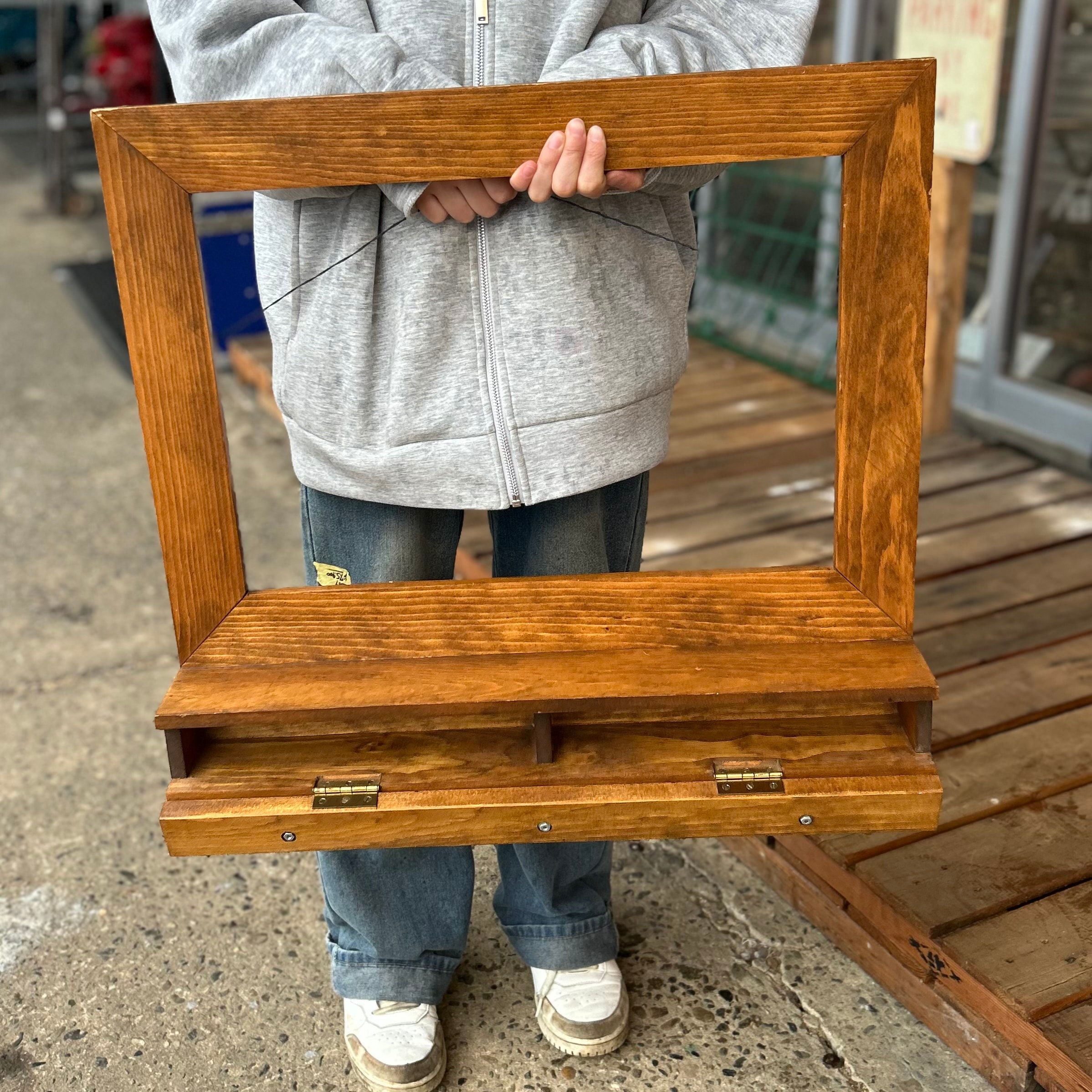 Vintage-Inspired Wooden Display Frame with Hidden Storage Drawer