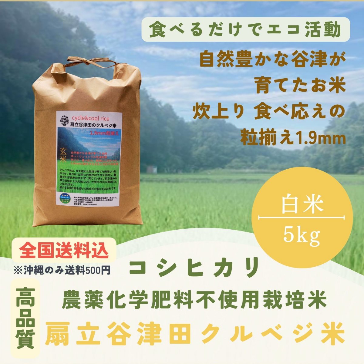 【白米5kg】千葉県産・農薬化学肥料不使用の扇立谷津田(粒揃え1.9ｍｍ)クルベジ米/地球に優しい自然栽培のクルベジ米で「食べるだけでエコ活動」