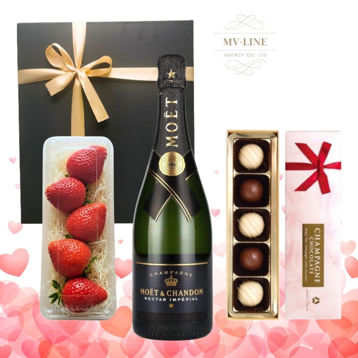 「バレンタインデー限定 BLACK ＆ RED」モエシャンドン・ネクター・アンぺリアル1本とロゼシャンパンチョコレートと苺付きトリプルギフト