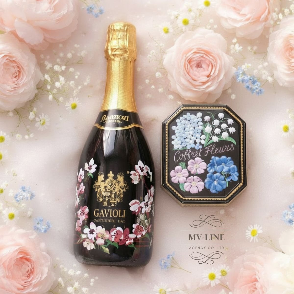 「花見限定」スプマンテ・桜の花のデザインボトル1本と　花の形のチョコレート付きギフト