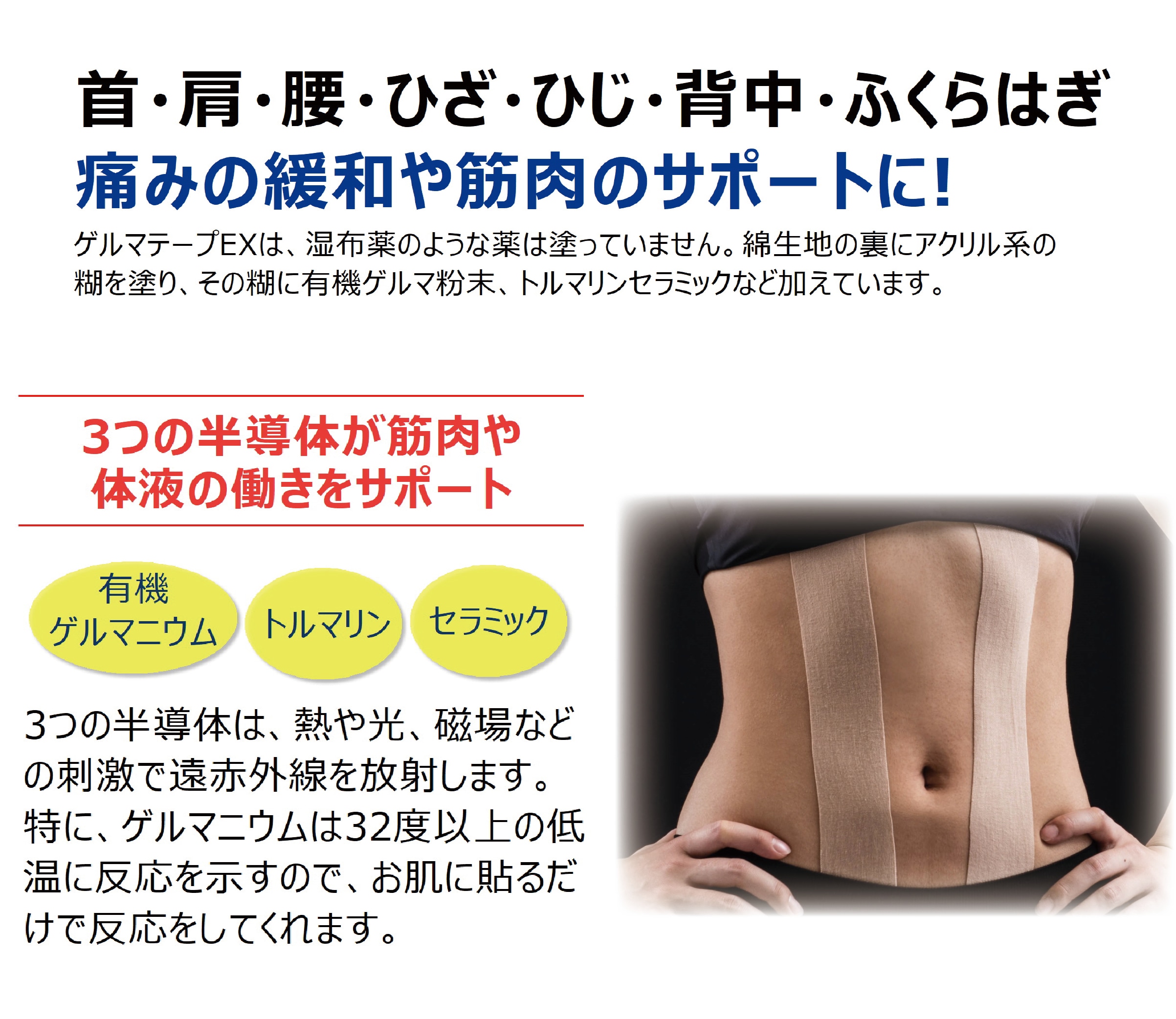 痛みの緩和や筋肉のサポートに】ゲルマテープEX【痛いところに貼るだけ 