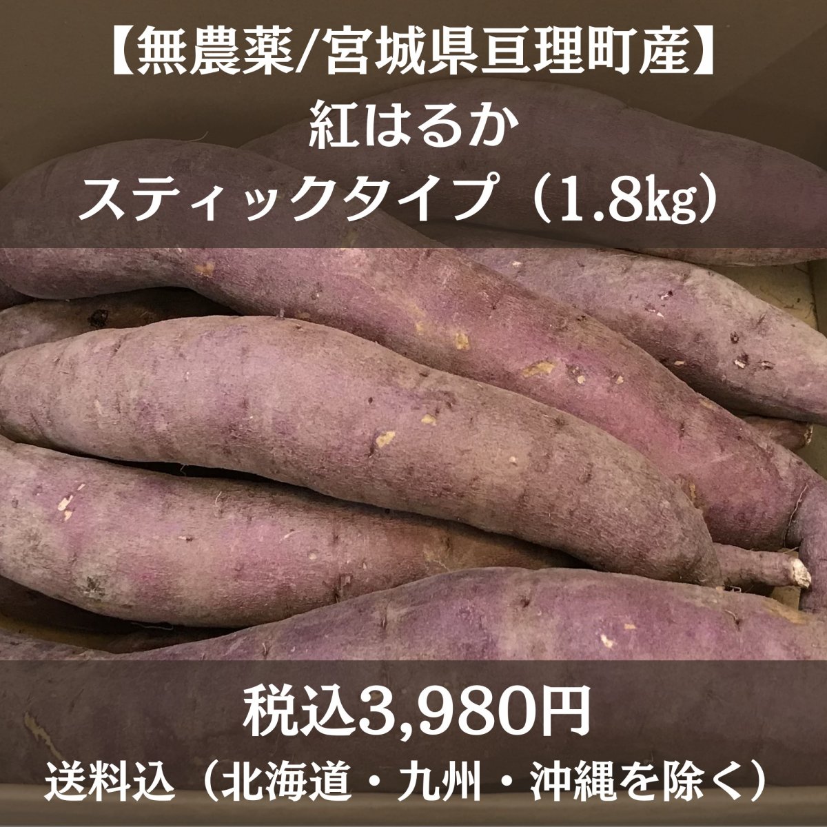 【無農薬/スティック専用栽培】紅はるか(土付き)/スティックタイプ(1.8㎏)宮城県亘理町産 熟成サツマイモ/送料込(北海道・九州・沖縄を除く)※太くなく食べやすいサイズです