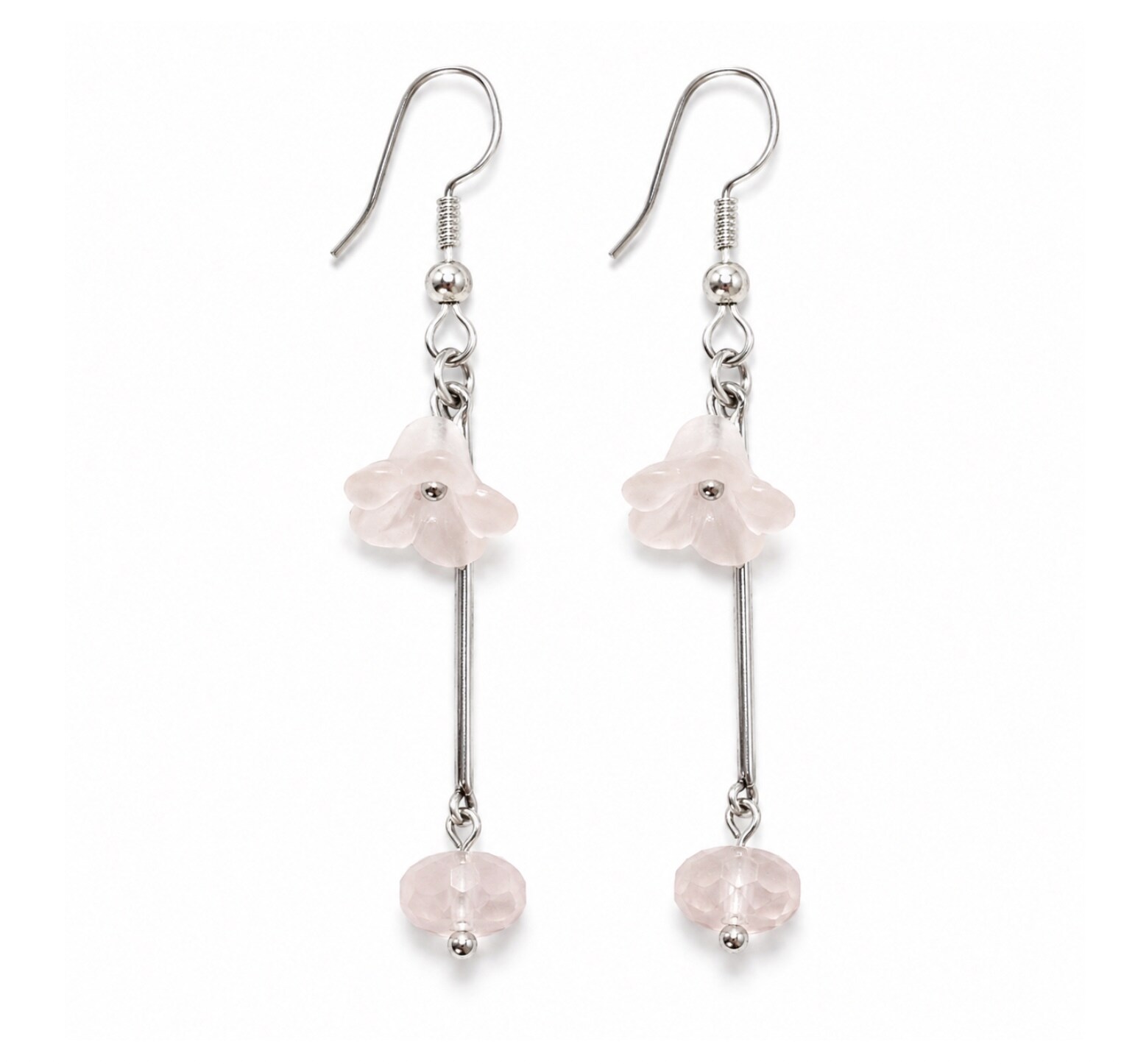   /Dew Dropピアス ＊ローズクォーツ 一点もの】ローズクォーツ × Silver925 ロングピアス｜花モチーフ