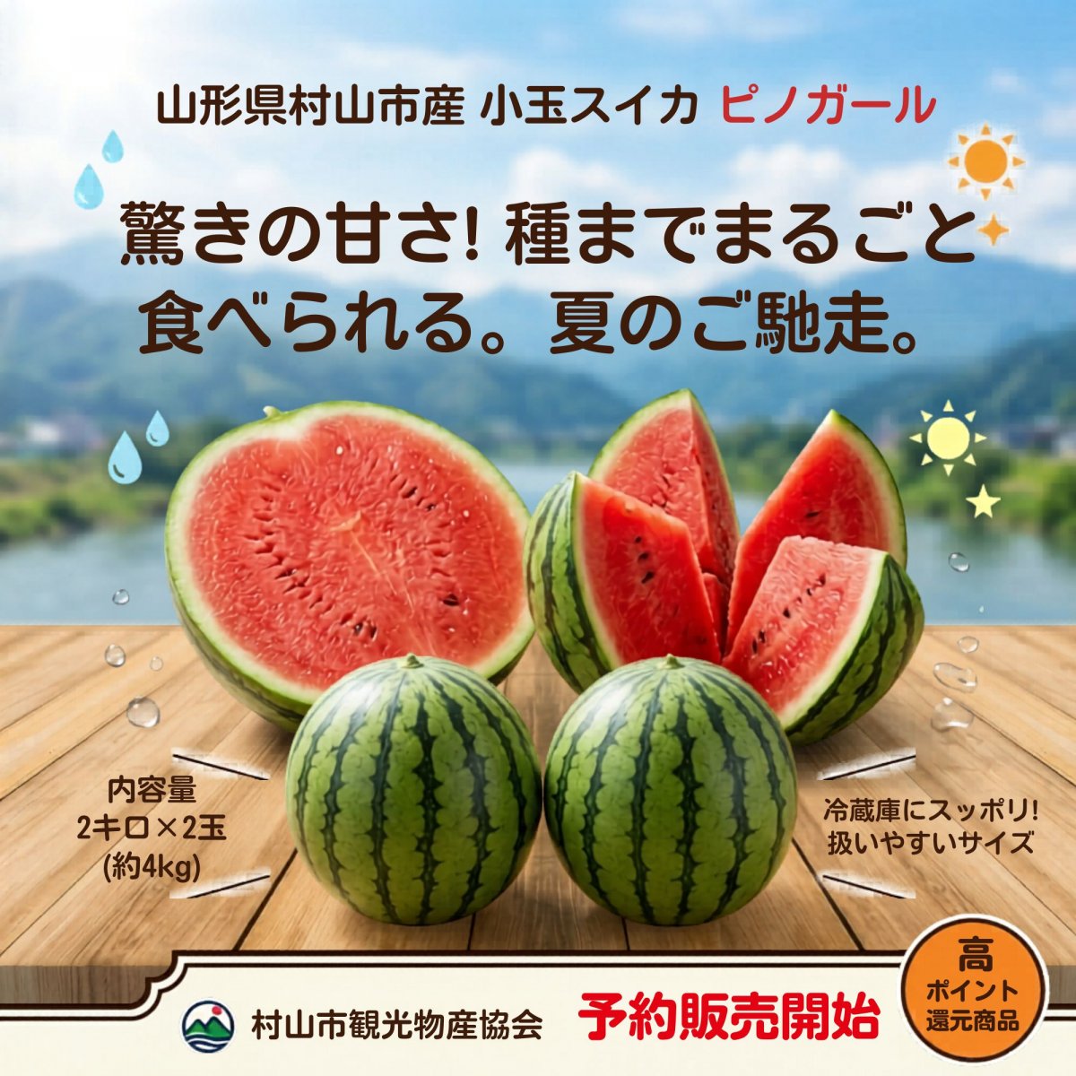 【先行予約】小玉スイカ「ピノガール」2玉（計約4kg）山形県村山市産 種まで食べられる！高糖度・シャリ感抜群 7月中旬より順次発送
