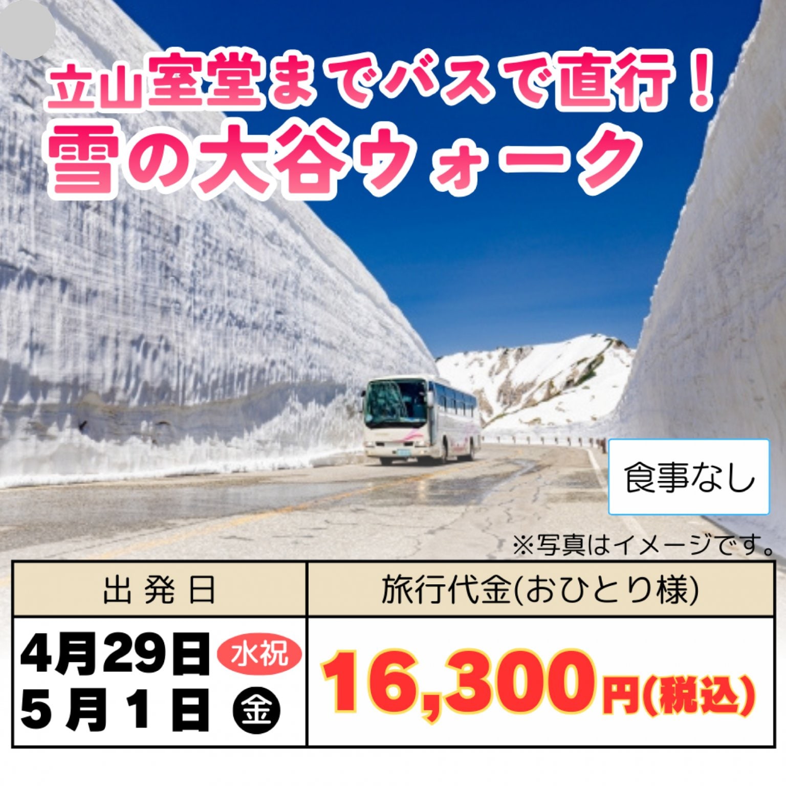 日帰りバスツアー 立山室堂までバスで直行【雪の大谷ウォーク】 出発日:4月29日(水・祝)、5月1日(金) 信州観光バス