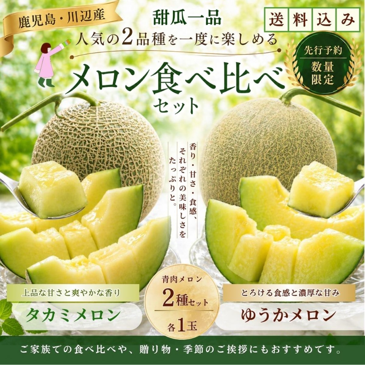 【贅沢食べ比べ｜先行予約】鹿児島・川辺産 メロン2種（タカミ・ゆうか）｜高糖度・とろける甘さ｜贈答・ギフトに（6月発送）