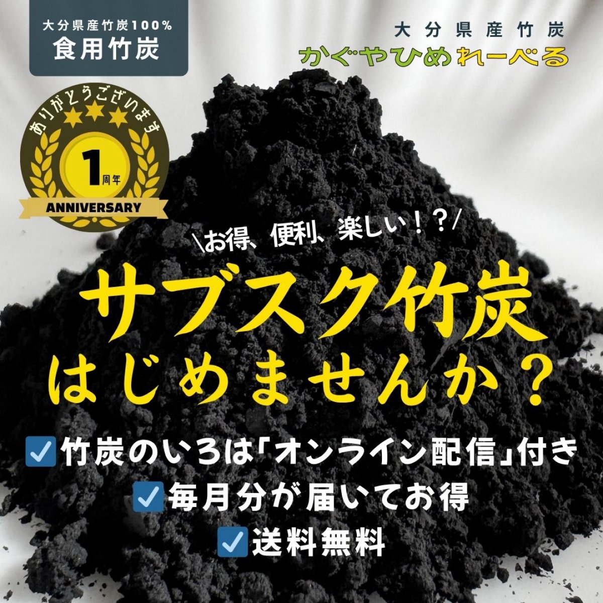 １周年記念 毎月100g【送料無料/お得な竹炭サブスク】大分県産食用竹炭パウダー/毎月100gをお届け［かぐやひめれーべる］7月中のお申し込みでオリジナルキラキラステッカープレゼント！国産竹炭 ミネラル補給 腸活 ダイエット デトックス 食べる竹炭 最高級竹炭パウダー