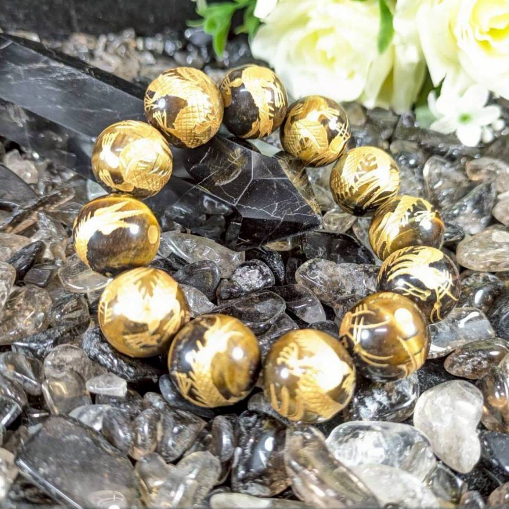 タイガーアイ龍彫り18mm玉 ブレスレット(手首まわり16mm)【送料無料】