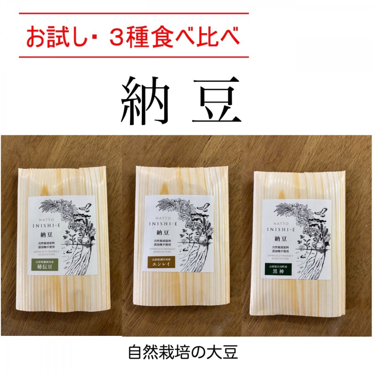 【送料無料・お試し】自然栽培大豆の大粒納豆 食べ比べ3種（100g×3）｜冷凍便〈いにしえ〉