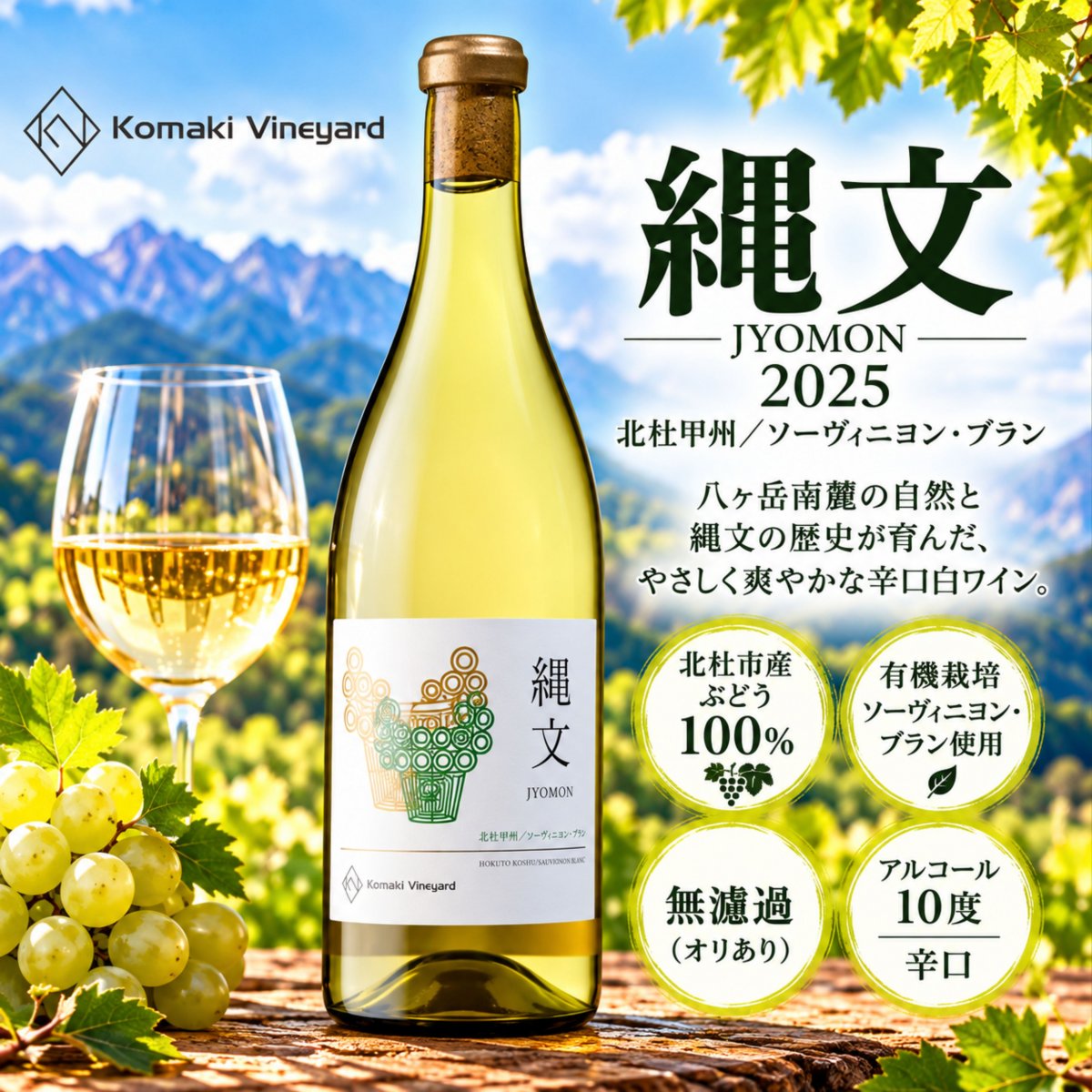 【山梨ワイン・白｜北杜市小淵沢】小牧ヴィンヤード 縄文2025 北杜甲州／ソーヴィニヨン・ブラン｜無濾過・辛口｜720ml【要冷蔵】 ※法律により20歳未満の酒類・たばこ製品の購入や飲酒は禁止されております。本製品はご注文時にお客様の年齢確認をさせていただいております。